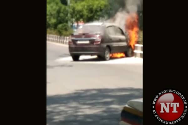 Video: Car in motion catches fire near Deekshabhoomi in Nagpur, no casualties