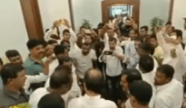 Supporters gather at Ajit Pawar’s residence in Mumbai ahead of meet