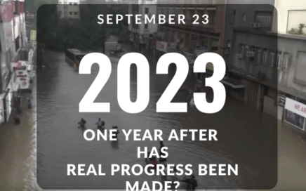 Flood damage in Nagpur one year after the September 23 disaster, with incomplete repairs and ongoing fear of future floods.