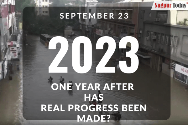 Flood damage in Nagpur one year after the September 23 disaster, with incomplete repairs and ongoing fear of future floods.